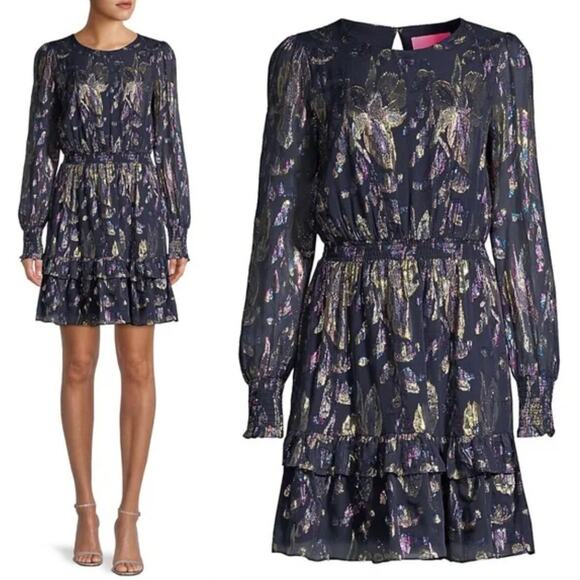 Lilly Pulitzer Dotti Silk Dress True Navy Rainbow Multi Floral Metallic Size 6 - Picture 1 of 8